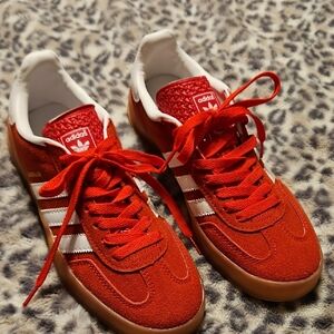 adidas Red Suede Gazelle Sneakers with White Stripes and Gum Sole
